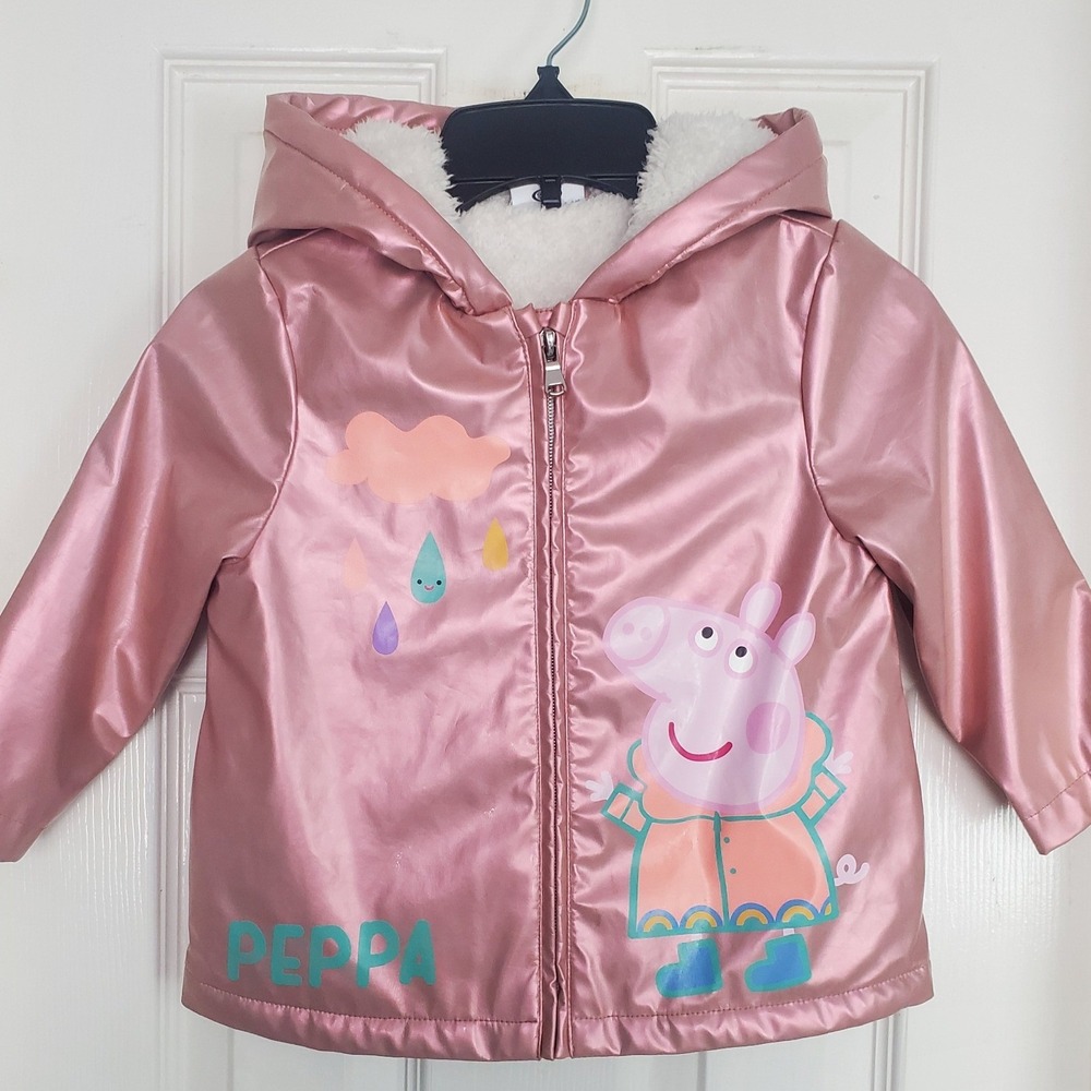 Peppa Pig Raincoat Pink Metallic Faux Shearling Lined Hooded Jacket 12-18M